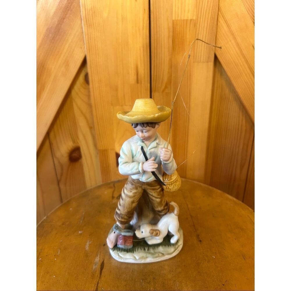 Vintage UOGC porcelain boy with straw hat and dog figurine Korea 7.5" (5548)